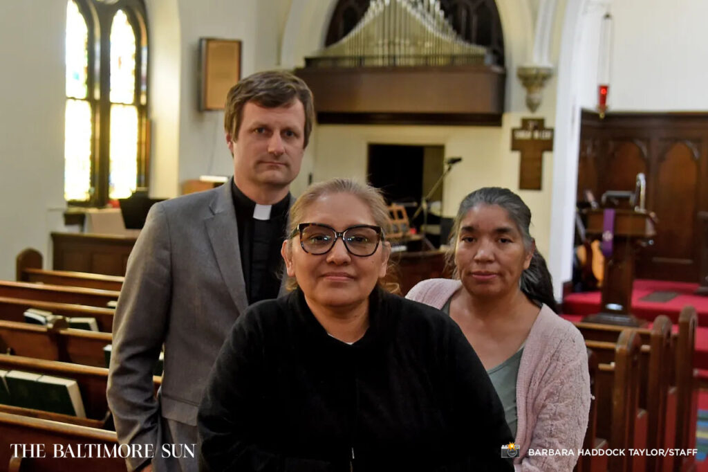 Left to right: Mark Parker, pastor of Breath of God Lutheran Church, Lucia Islas, an immigrants’ advocate, Susana Barrios, a volunteer with Latino Racial Justice, are coordinating efforts to help the family who lost 3 members in a fatal fire this week on the 3400 block of East Lombard Street in their neighborhood. (Barbara Haddock Taylor/Staff)